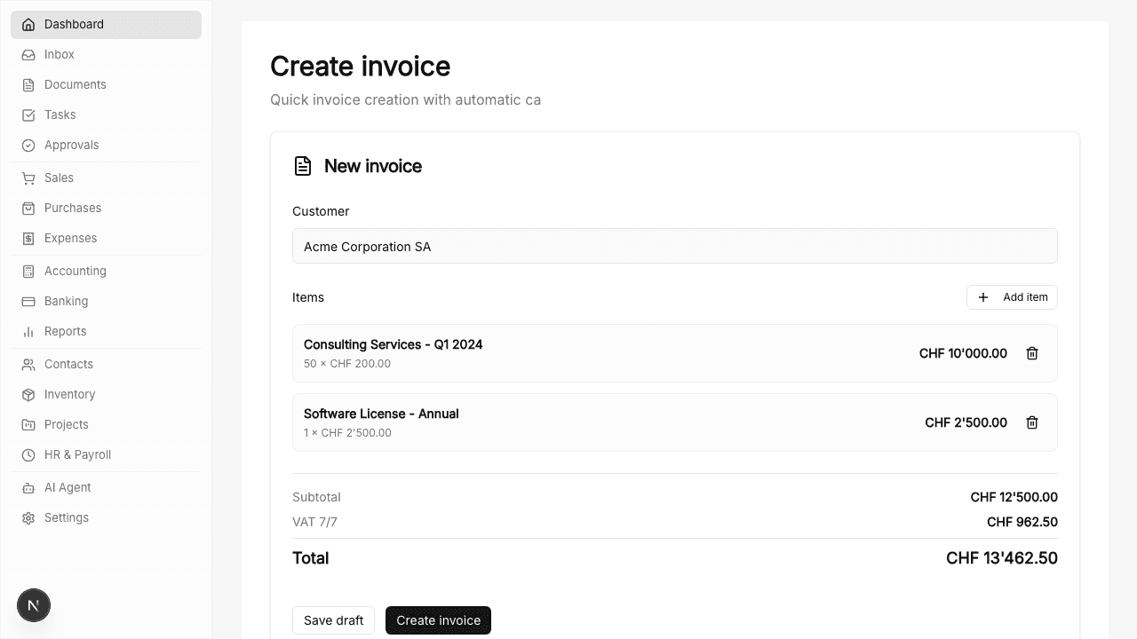 Numezis-Ansicht Sales & Invoicing mit Agent-Panel