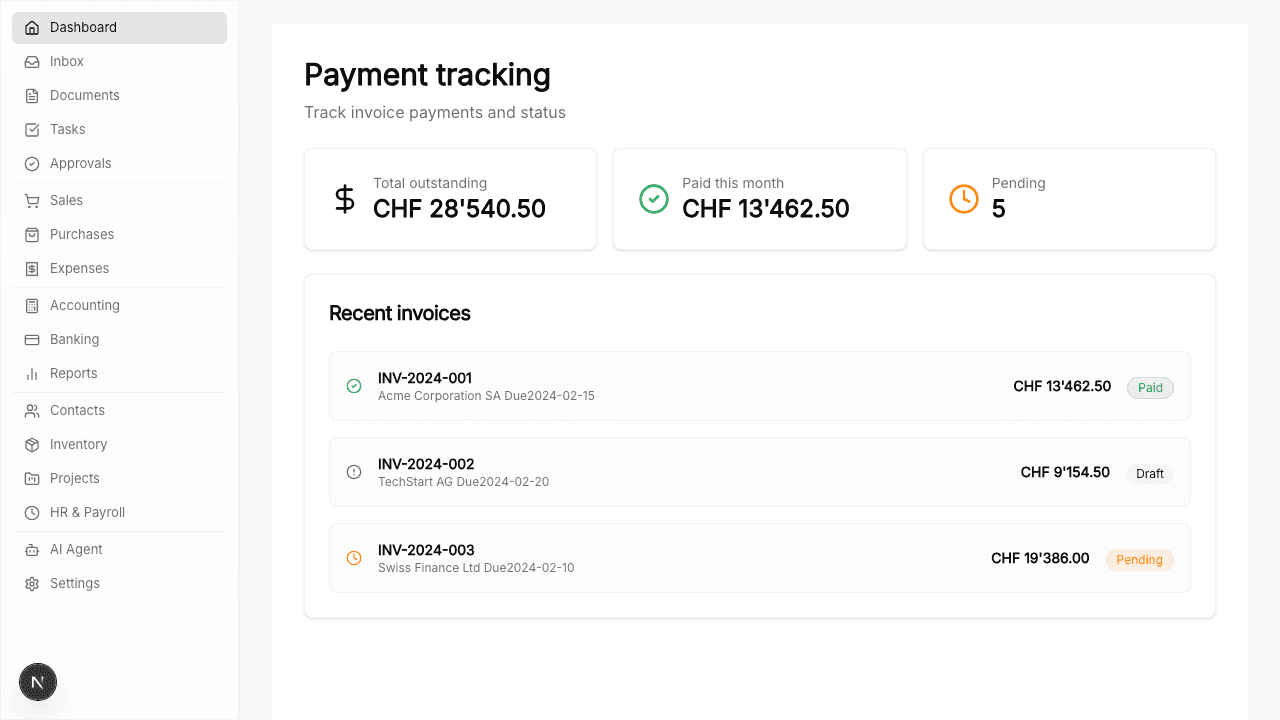 Numezis-Ansicht Zahlungsstatus mit Agent-Panel